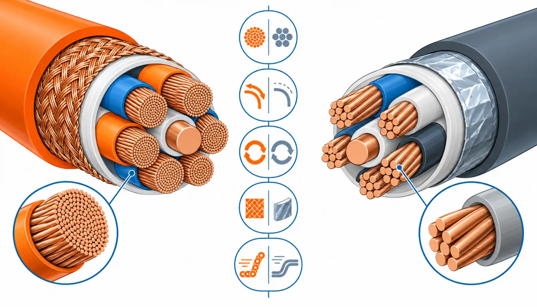 Flat infographic comparing two cable cross sections, the high flex one with fine short lay conductors and braided shield, the standard one with coarse strands and foil, split by a checklist column