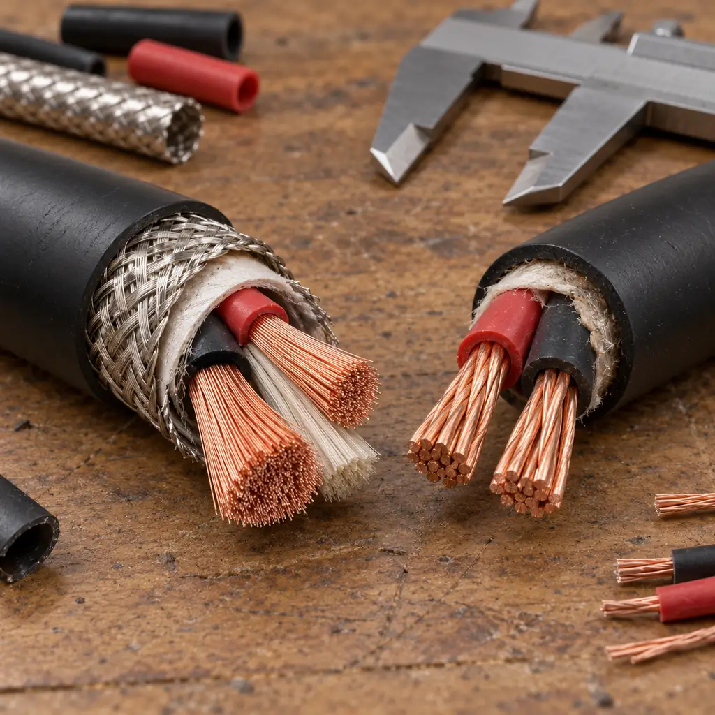 A high flex cable and a standard flexible cable side by side on a workbench, the high flex version cut open showing much finer copper stranding