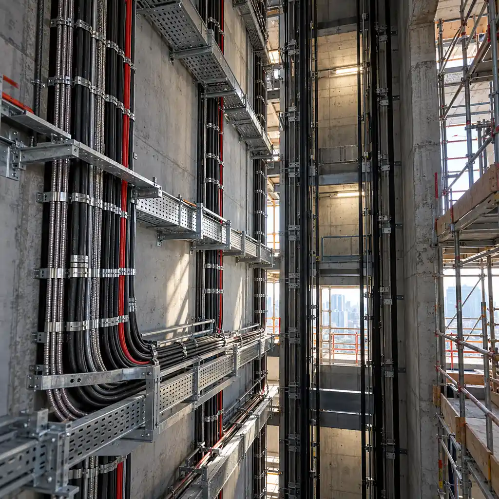 A vertical cable riser shaft inside a high-rise building under construction, steel trays of armoured and fire-rated cable running floor to floor, a lift shaft opening and scaffolding beyond, hard light from a service opening, no readable text, no labels