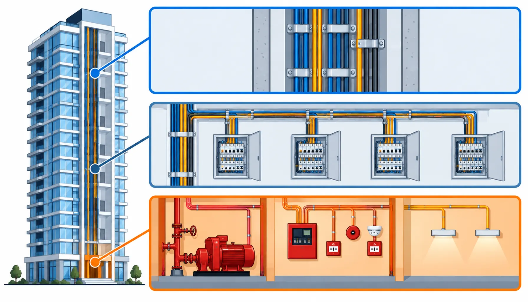 Flat infographic of a high rise building cable package split into three scopes: a vertical riser of single-core cable on the left, in-floor distribution trays on the right, and a row of life safety circuit icons between them