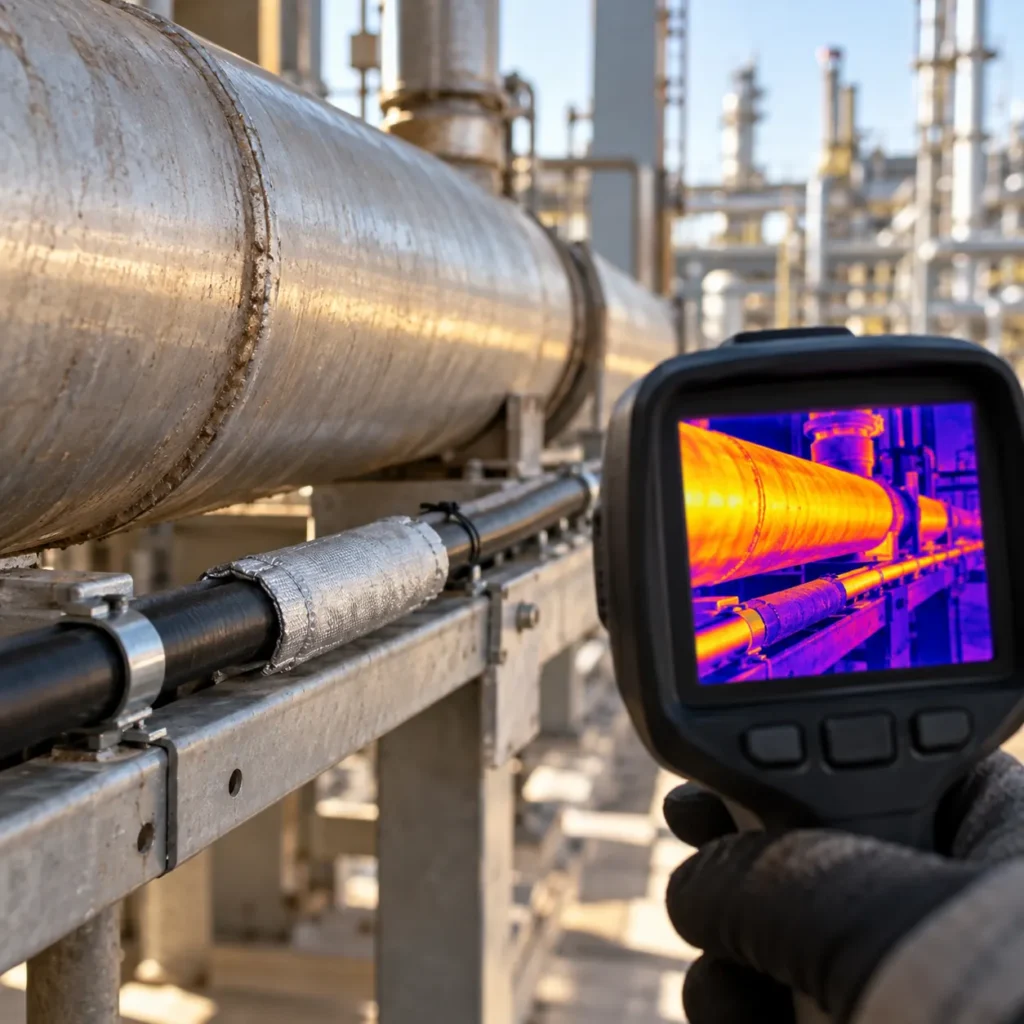 A cable run near a hot process pipe with a protective sleeve at the closest point and a thermal camera image of the run beside it, plant blurred behind, no readable text, no labels