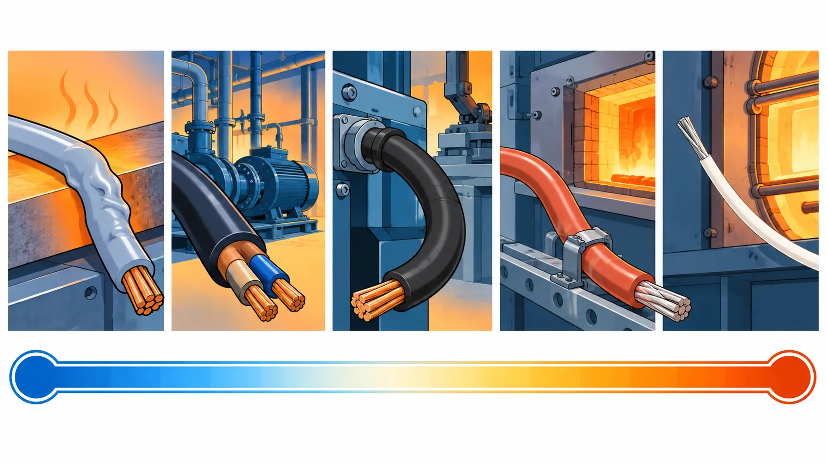 Flat infographic comparing high temperature cable insulation systems with a temperature scale: PVC, XLPE, EPR, silicone rubber and PTFE or glass fibre