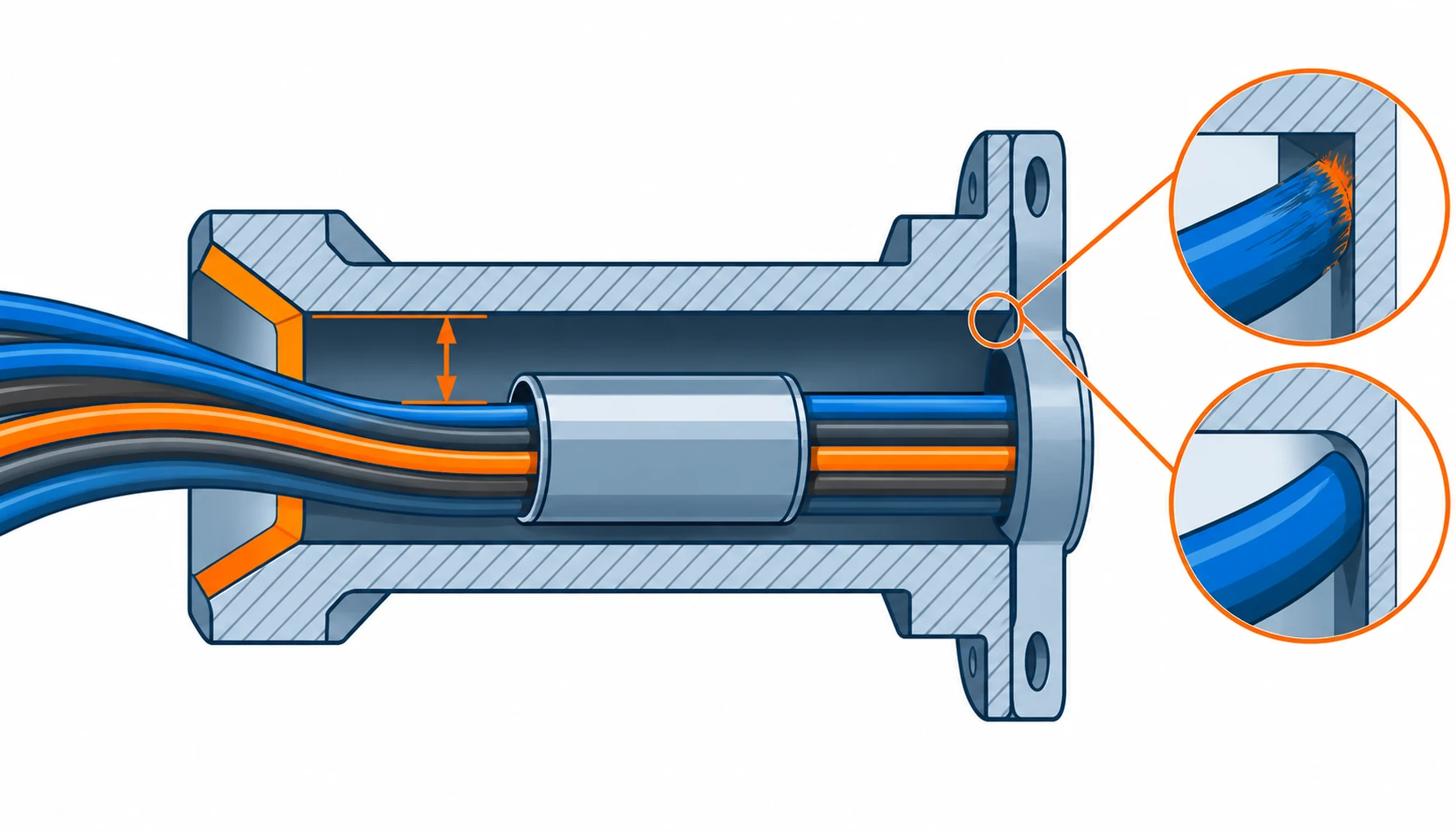 Flat infographic comparing five hollow shaft cable routing approaches for robot axes: a single bundle through the bore, grouped bundles through multiple bores, a bundle inside a slip sleeve, a side route beside a split bearing and a fixed transition at the shaft end