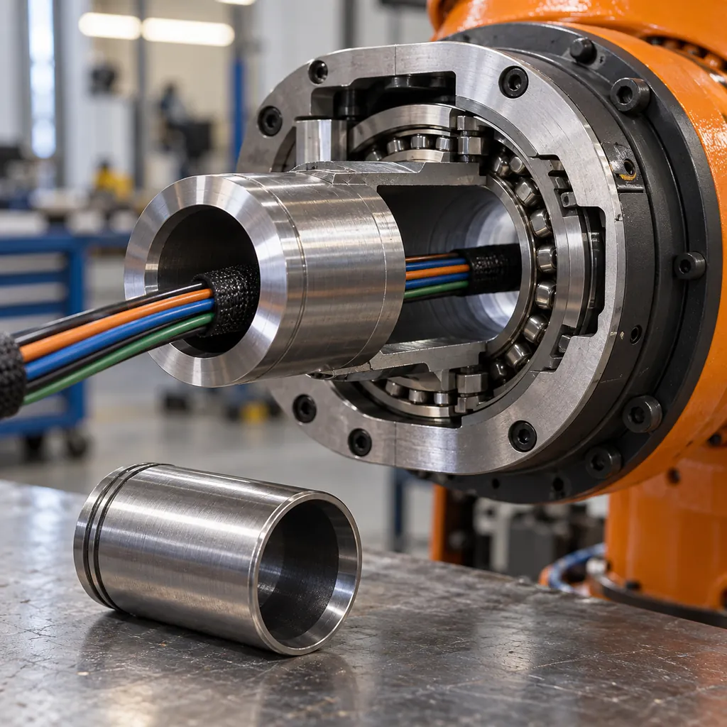 Photorealistic scene: a robot axis with a hollow shaft shown in cut-away, a slim cable bundle passing through the bore, a chamfered entry protecting the jacket, a slip sleeve beside the shaft, workshop lighting, no readable text, no labels