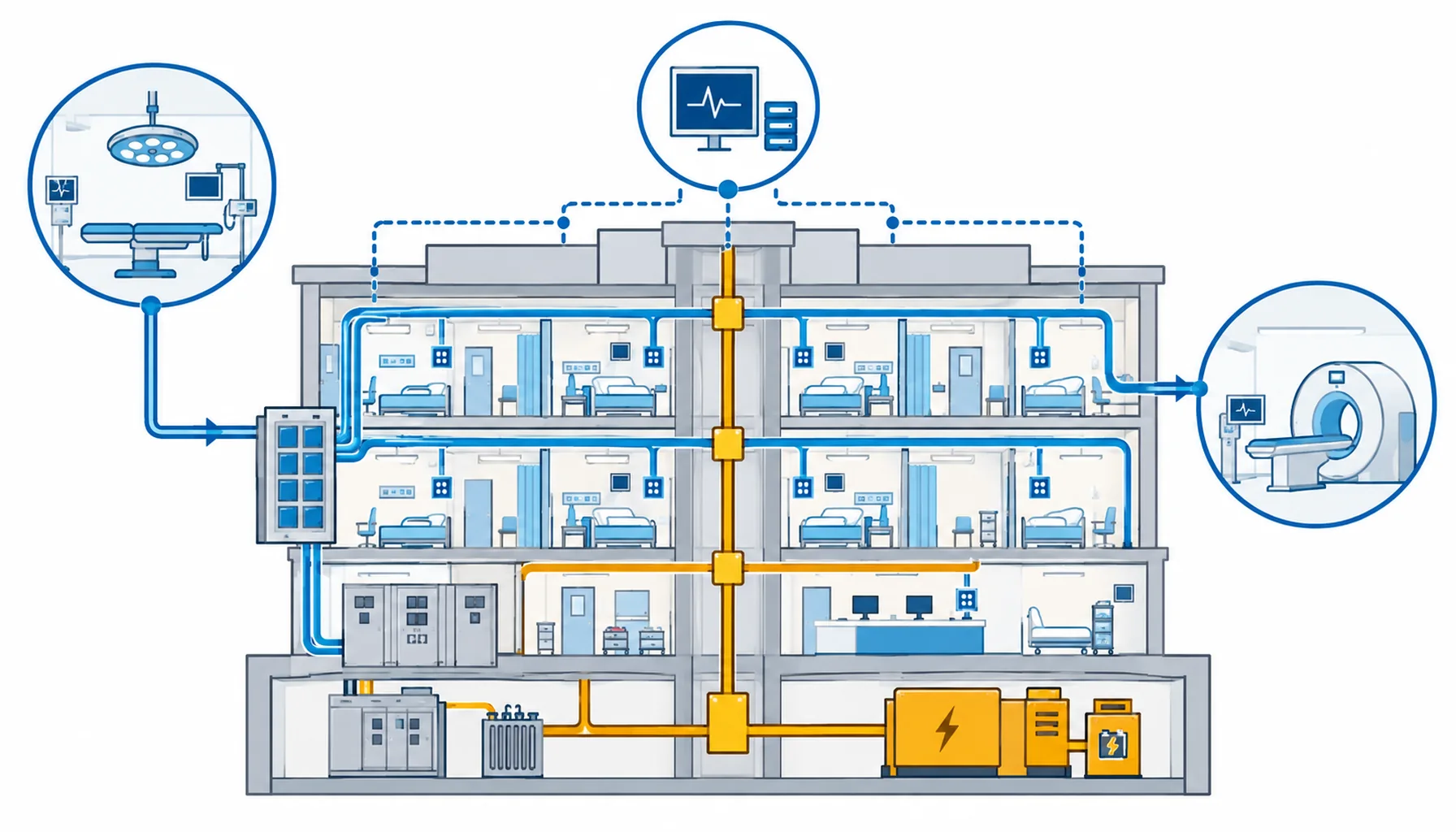 Flat infographic of hospital circuit families: an isolated theatre supply at a medical IT panel, an imaging feed, ward circuits, an essential branch and a monitoring path, drawn around a hospital block plan