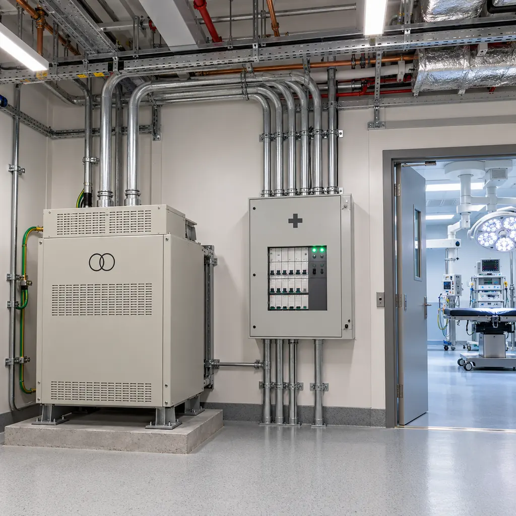 A hospital electrical room with an isolation transformer and medical IT panel on the wall, several circuits leaving in steel conduit towards a theatre suite, ceiling services and pipework overhead, clean clinical lighting, no readable text, no labels