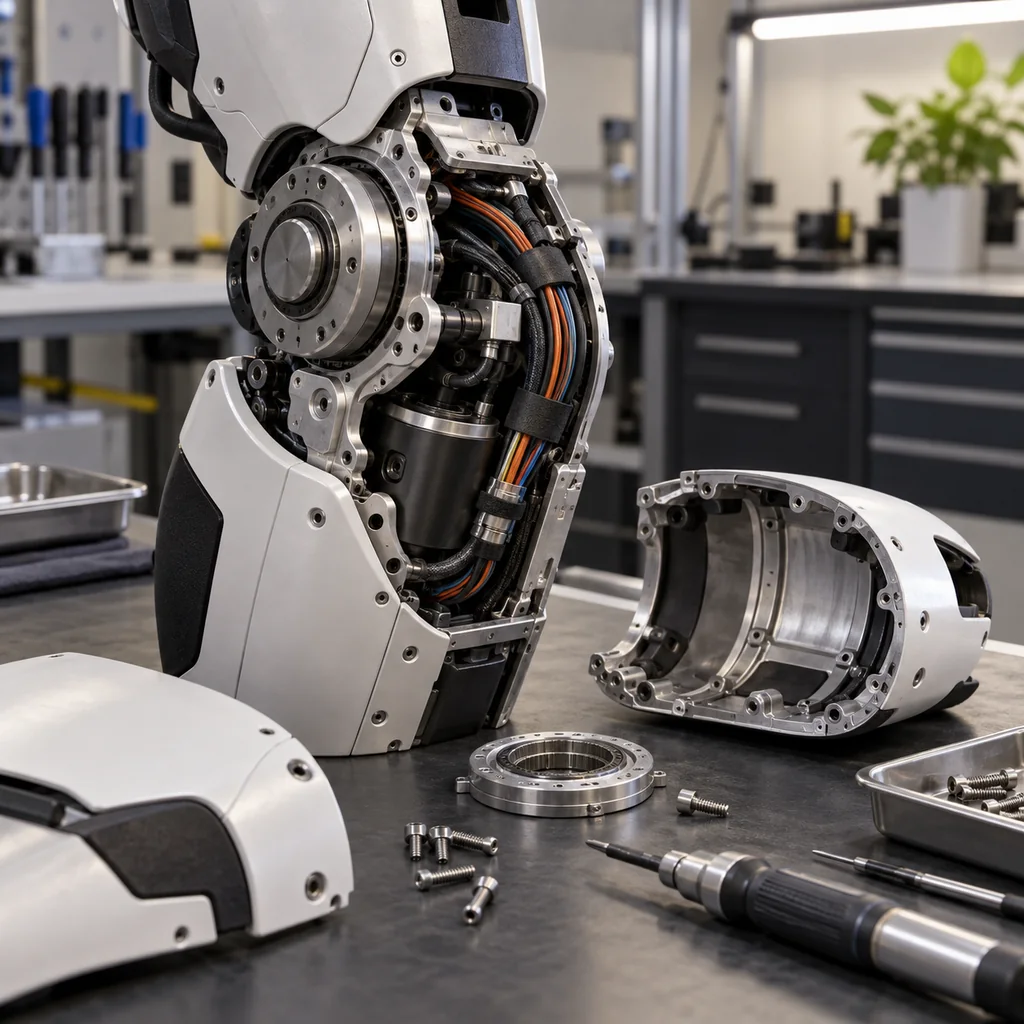 Photorealistic scene: a laboratory bench with a disassembled humanoid robot knee actuator module, its rotary joint housing open to show a compact cable bundle curving through the cavity, precision tools laid out nearby, soft studio lighting, no readable text, no labels
