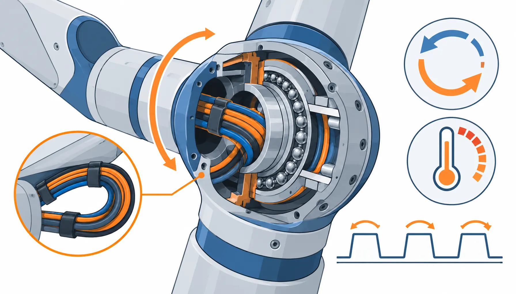 Flat infographic of a humanoid rotary actuator joint in cutaway, a compact cable bundle following the joint axis with a service loop, bend radius and rotation shown as plain geometry, blue and slate palette