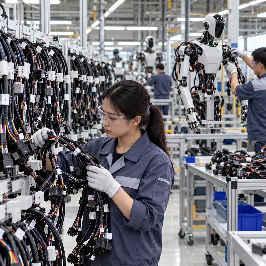 Photorealistic scene: a cable factory floor with rows of robot harnesses on production racks, a technician inspecting a finished bundle in the foreground and a humanoid robot arm assembly visible in the background, bright industrial lighting, no readable text, no labels