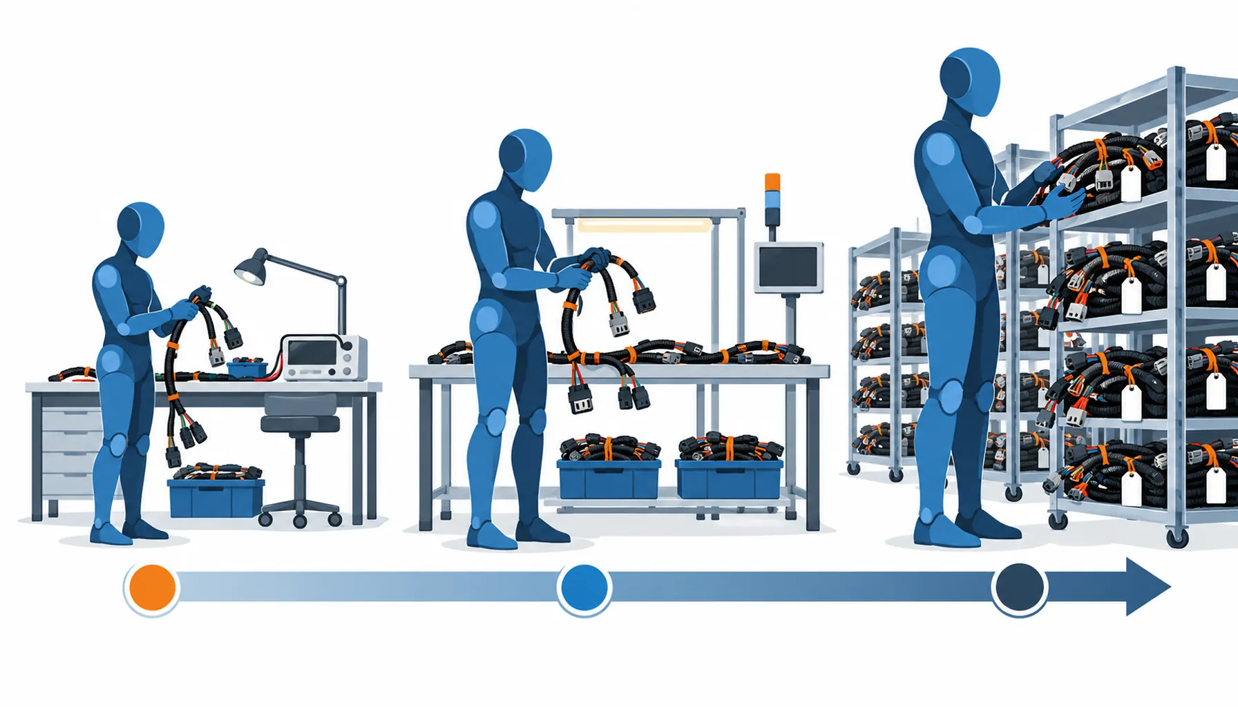 Flat infographic of three growing humanoid silhouettes beside stacked harness quantities, a stage arrow from prototype bench through pilot line to production racks