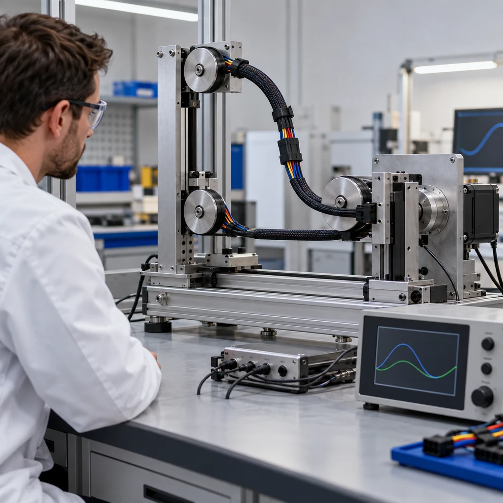 Photorealistic scene: a cable flex test rig on a laboratory bench with a small harness looping over pulleys mid-cycle, a technician observing, measurement instruments beside the rig, clean laboratory lighting, no readable text, no labels