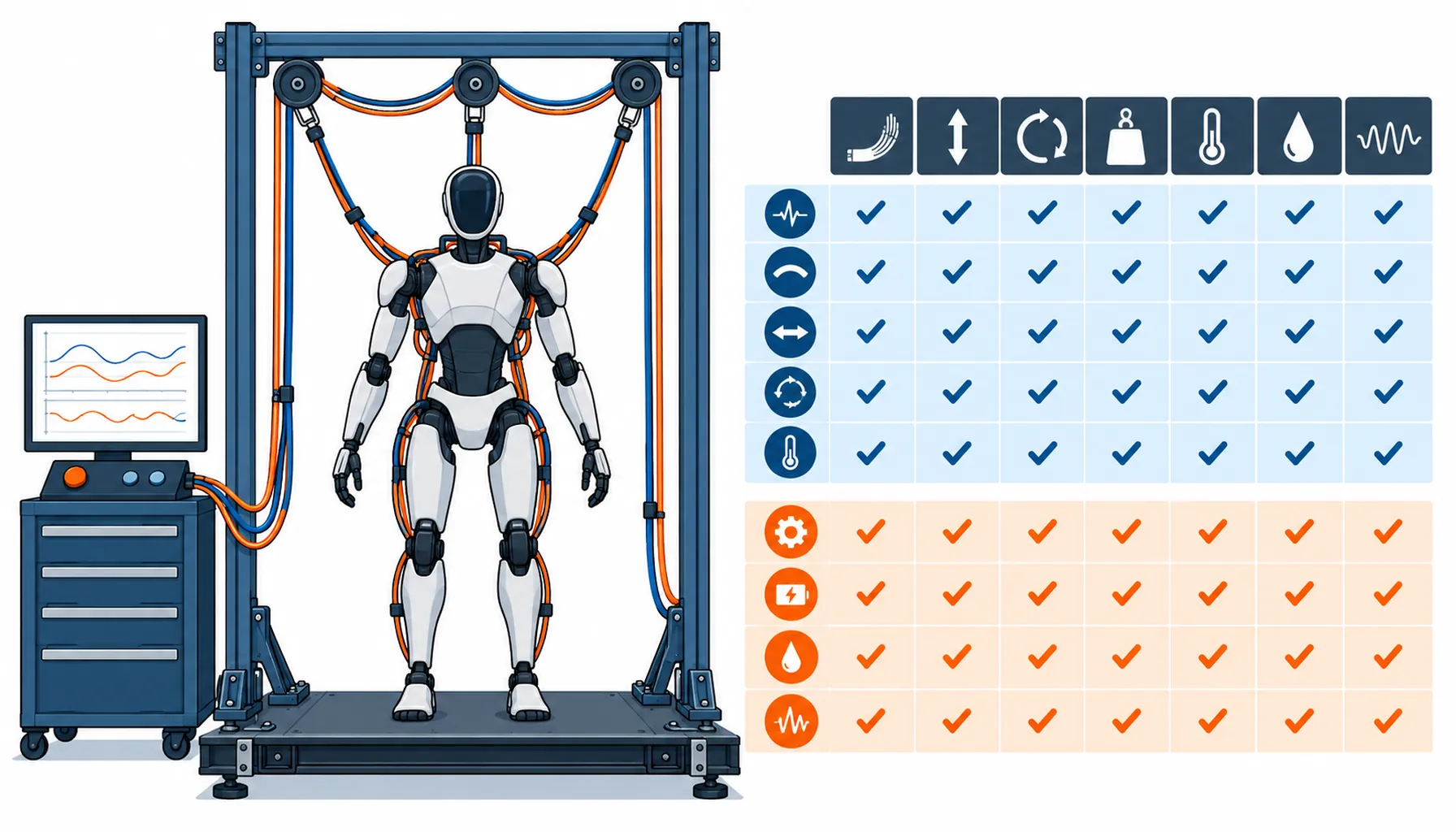 Flat infographic of a cable flex test rig on a bench, a harness looping over pulleys mid-cycle, a method sheet and a raw data log drawn beside the rig