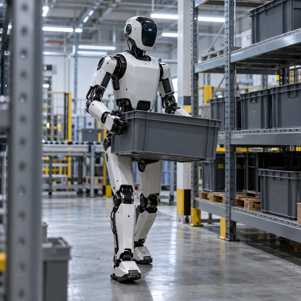A humanoid robot carrying a tote between racks inside an industrial facility, its limb wiring visible at the open elbow joint