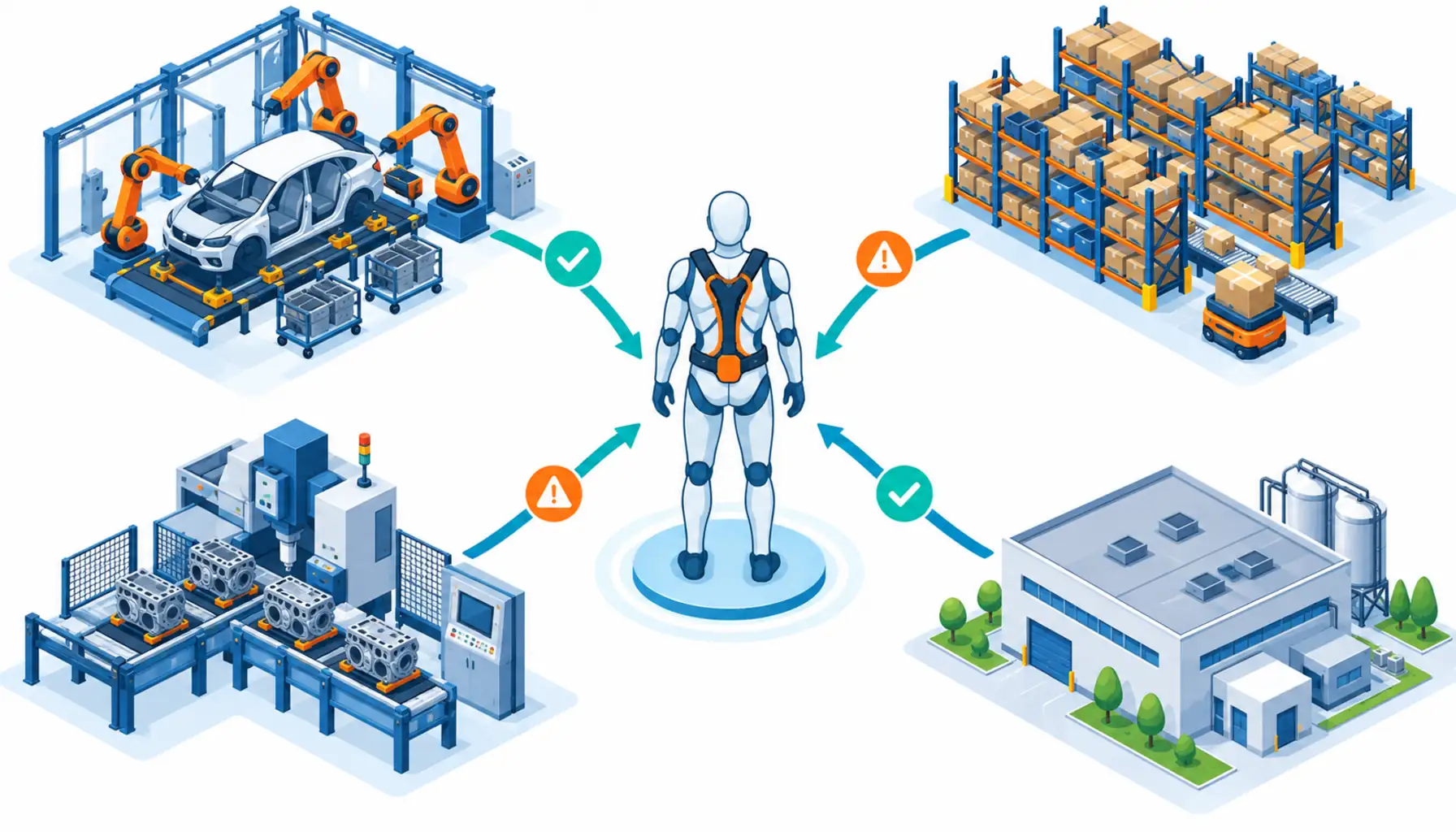 Flat infographic of four deployment scenes converging on a humanoid icon with a highlighted harness
