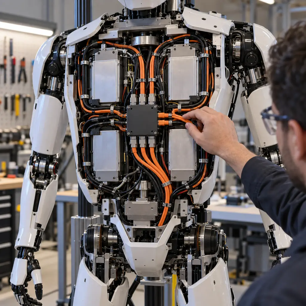 Photorealistic scene: the open torso cavity of a bipedal humanoid robot on a assembly stand, a lightweight power harness with a central distribution block visible among battery modules, an engineer's hand tracing one run, workshop lighting, no readable text, no labels