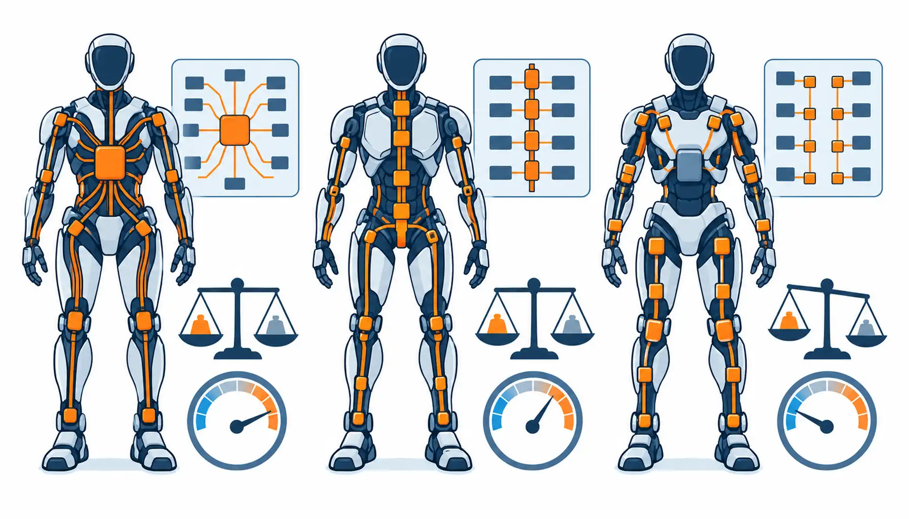 Flat infographic comparing three humanoid power distribution topologies as simple silhouettes: a central block, a spine bus with tap-offs, and distributed converters, copper mass and voltage drop symbols beside each