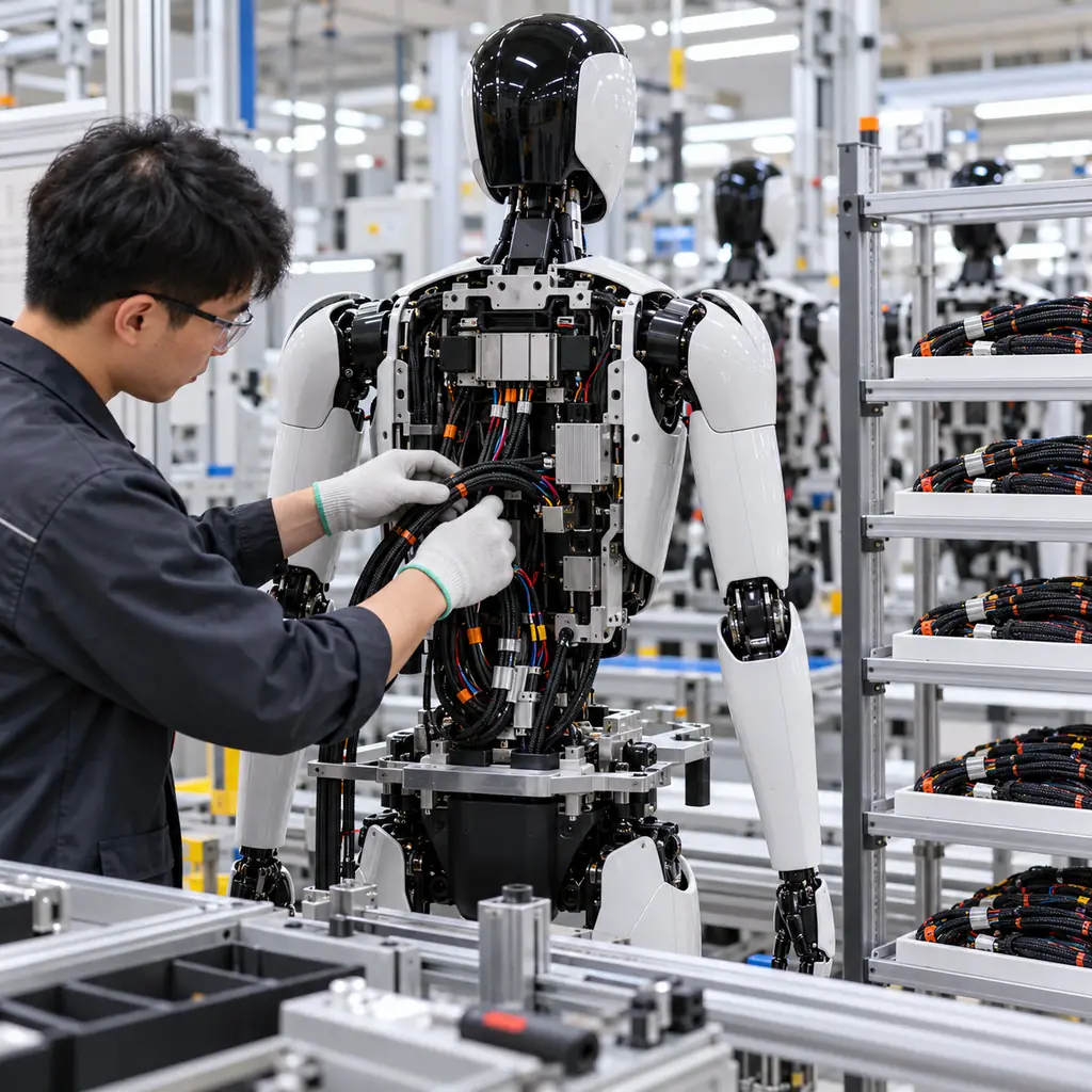 Photorealistic scene: a humanoid robot assembly line with a technician fitting a cable harness into an open torso fixture, racks of identical harness bundles on labelled trays behind, bright factory lighting, no readable text, no labels