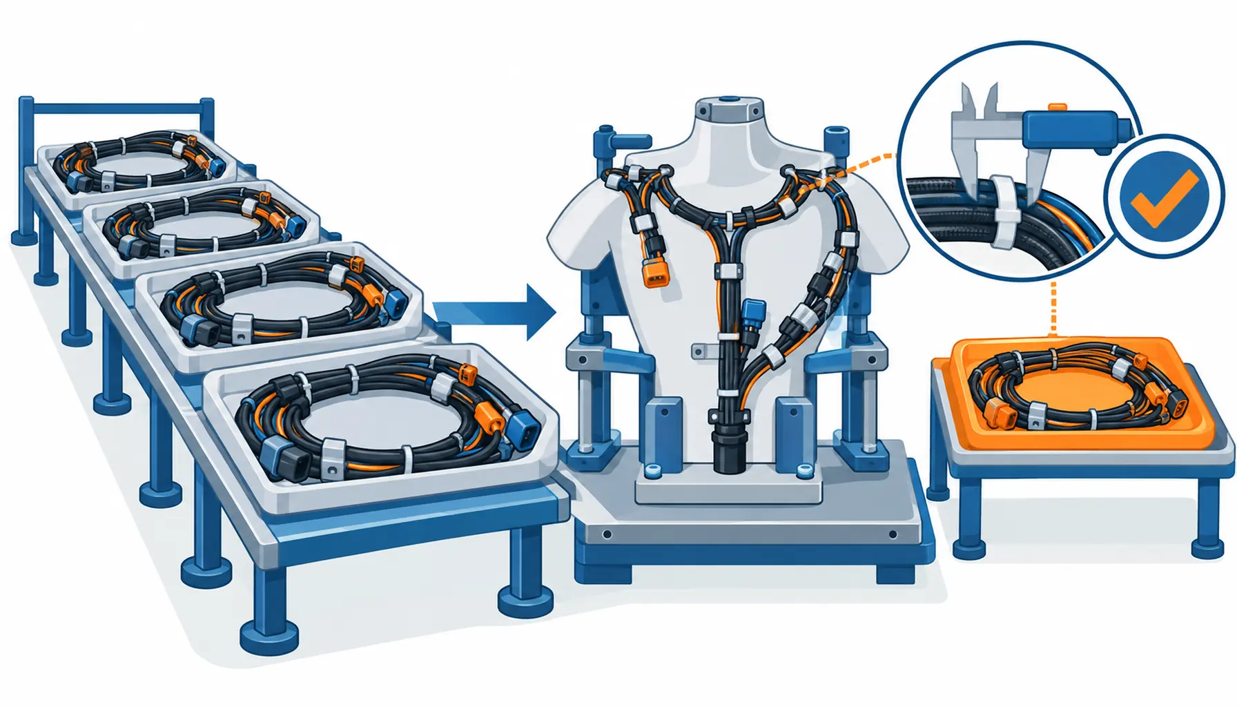 Flat infographic of a humanoid assembly line where identical harness bundles move on labelled trays toward a torso fixture, a measuring caliper and a checkmark dial beside the trays