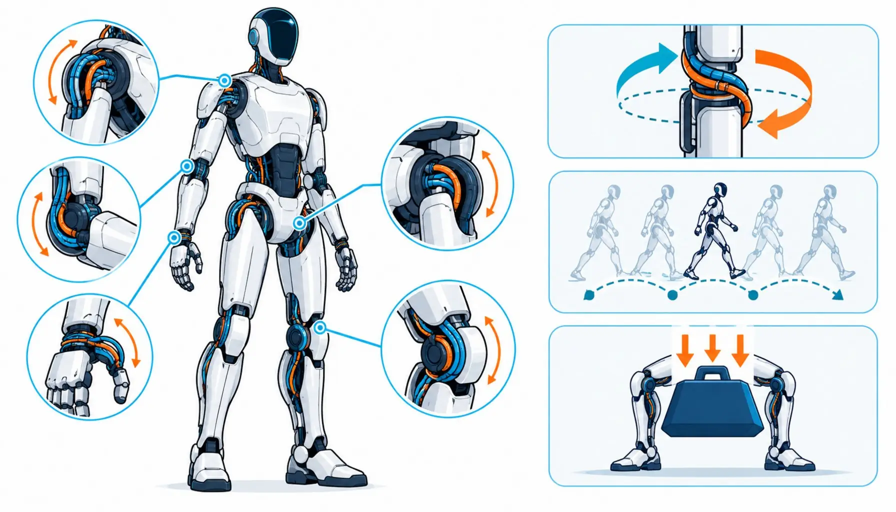 Flat infographic of a humanoid robot outline with cable routes highlighted through shoulder, elbow, hip, knee and wrist joints beside a duty icon panel