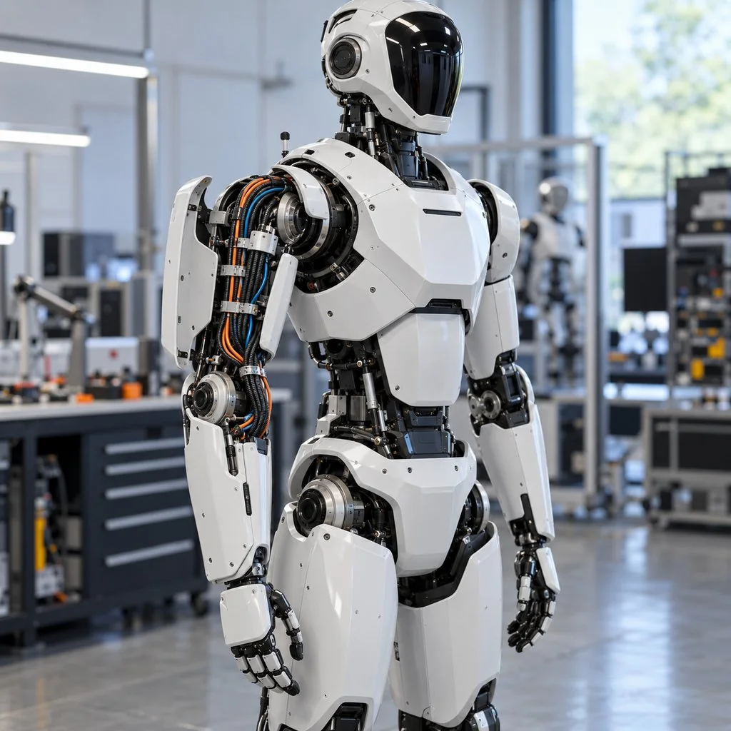 A humanoid robot standing in a lab with its arm section partially open to show routed cabling along the joints