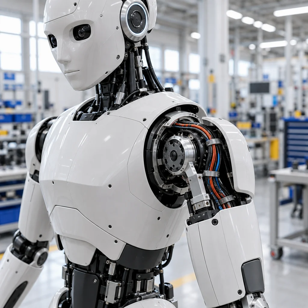 A humanoid robot standing in a bright assembly area with its arm joint partially open showing neatly routed flexible wiring