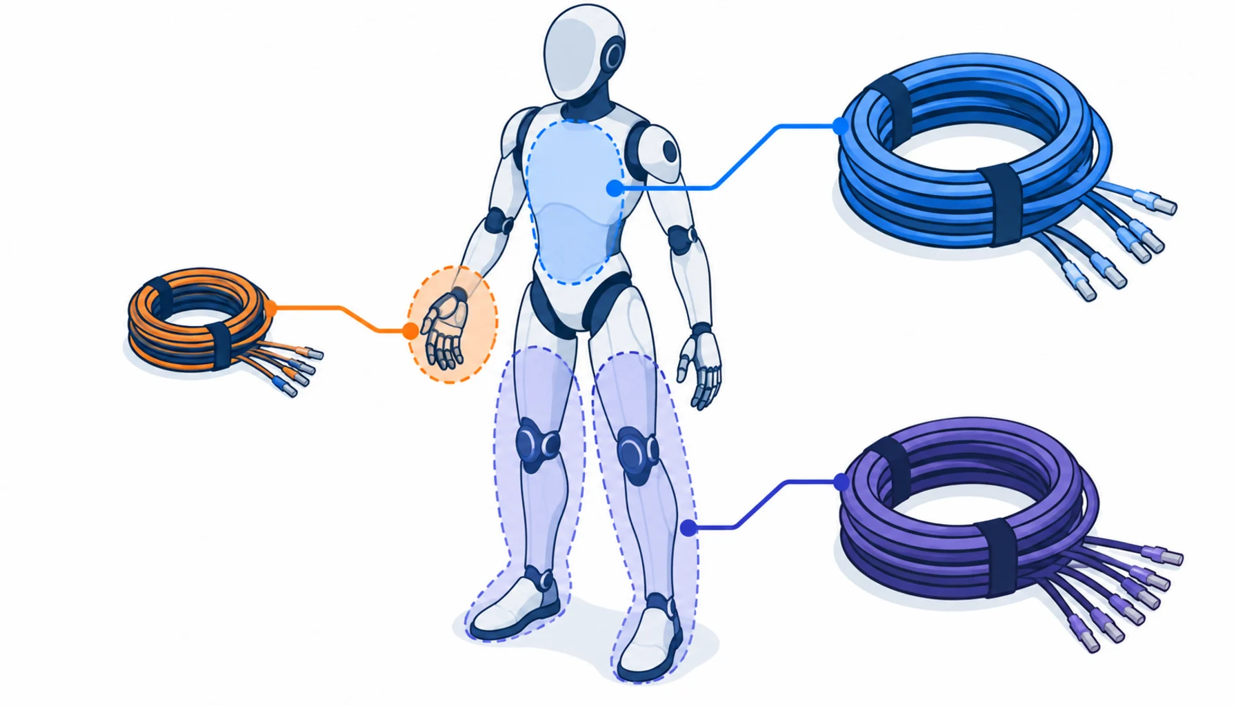 Flat infographic of a humanoid figure outline with three highlighted wiring zones linked to cable icons