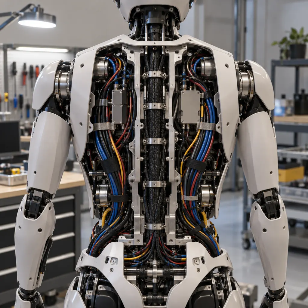 Photorealistic scene: the open back panel of a humanoid robot torso on a workshop stand, a central trunk of cables and two side bundles visible against the internal frame, a rotation arrow suggested by the waist position, studio lighting, no readable text, no labels