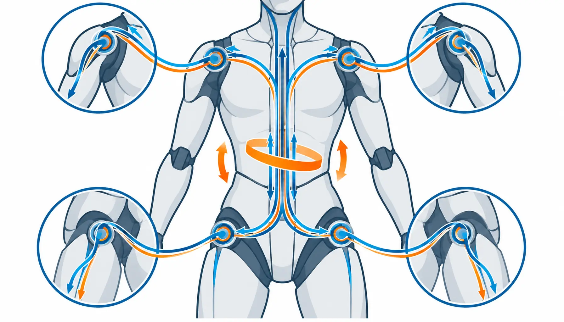Flat infographic of a humanoid torso showing a central waist trunk crossing a rotating joint, twist and bend arrows at the waist, and local loops branching to shoulders and hips