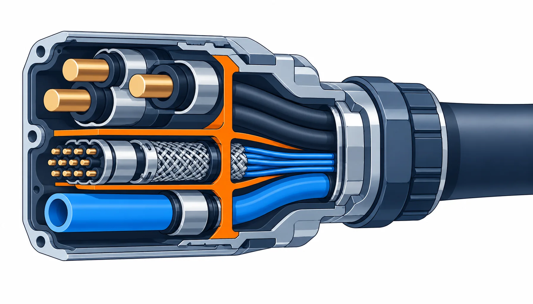 Flat infographic comparing five hybrid connector configurations: power with signal, power with feedback, power with signal and data, power with pneumatics or fluid, and a fully composite multi-chamber interface