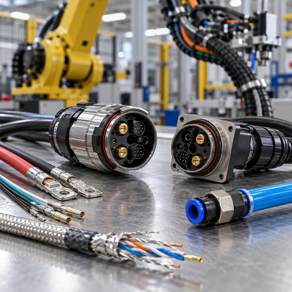 A hybrid circular connector on a bench with power pins and a screened signal pair visible in the insert, a pneumatic tube coupling beside it and a mated pair behind, crimped cable ends laid out, industrial lighting, no readable text, no labels