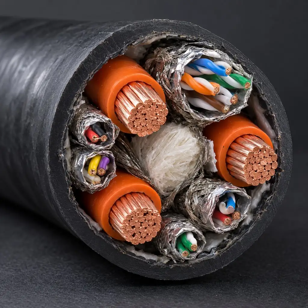 A hybrid cable cut open showing power cores, shielded signal pairs and an Ethernet element arranged around a central filler inside one jacket