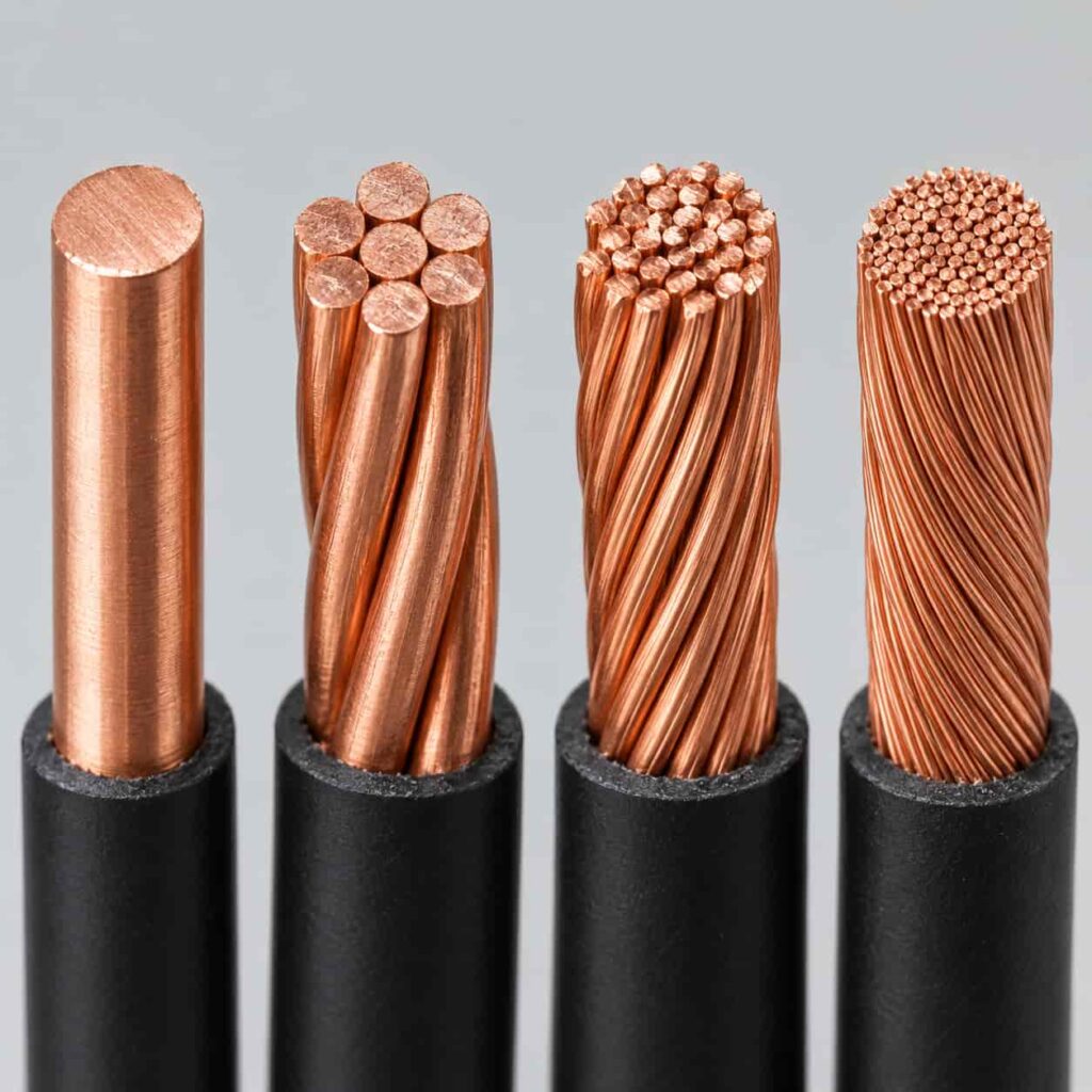 Four conductor ends side by side showing solid rod, class 2 stranded, class 5 flexible and class 6 extra-flexible stranding
