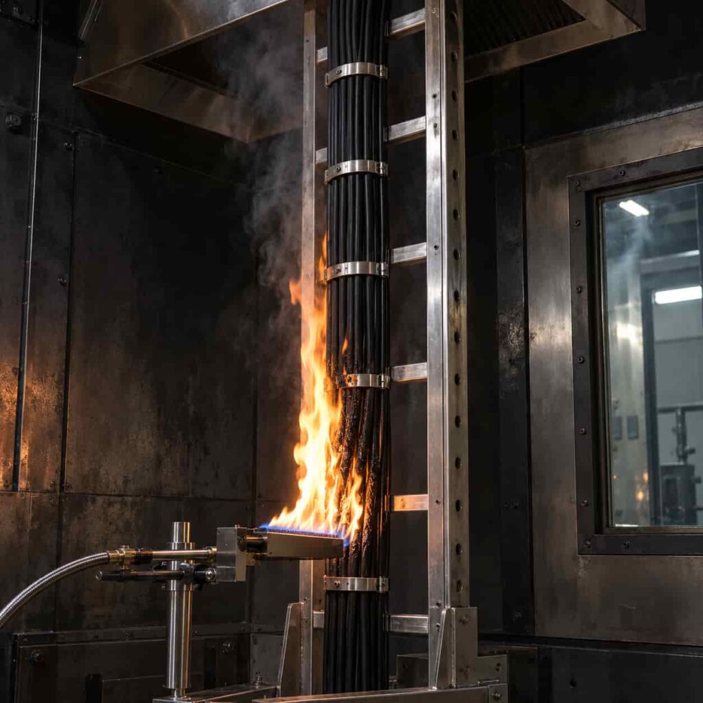 Vertical ladder flame spread test rig with bundled cable samples mounted under a controlled burner