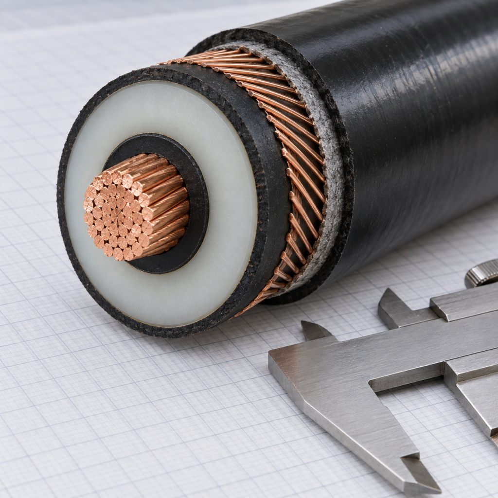 Cross section diagram of an XLPE insulated power cable annotated with the IEC 60502 construction requirements