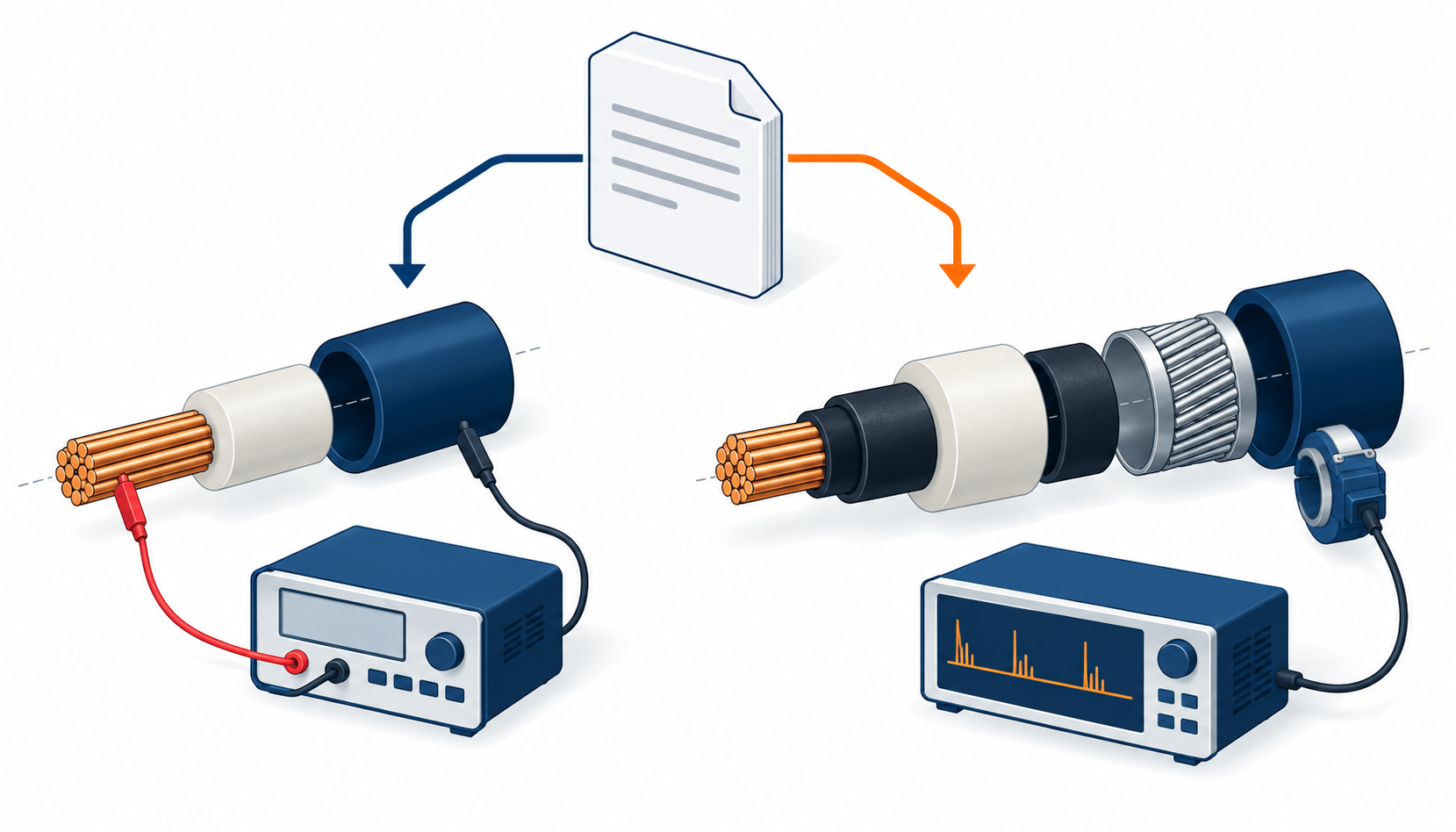 Isometric illustration of the IEC 60502 two-part structure splitting LV and MV voltage ranges with their test regimes