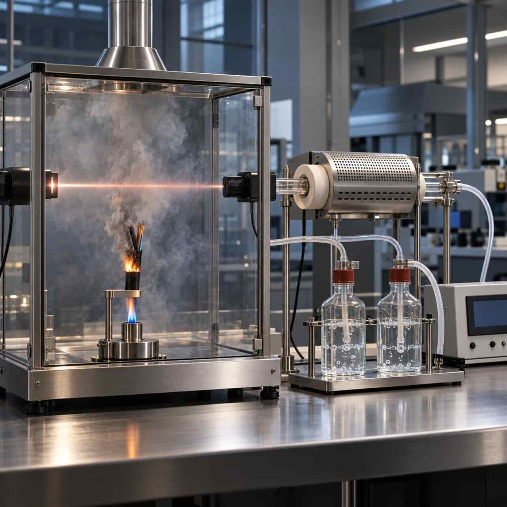 Laboratory smoke density test chamber with light beam and cable sample burning inside alongside halogen gas analysis setup