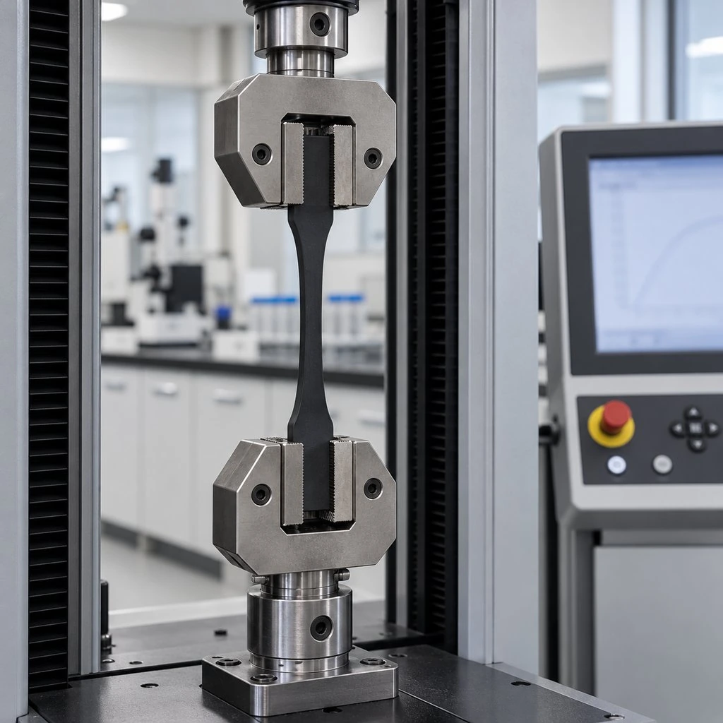 A universal testing machine stretching a dumbbell-shaped strip of cable insulation in a materials laboratory
