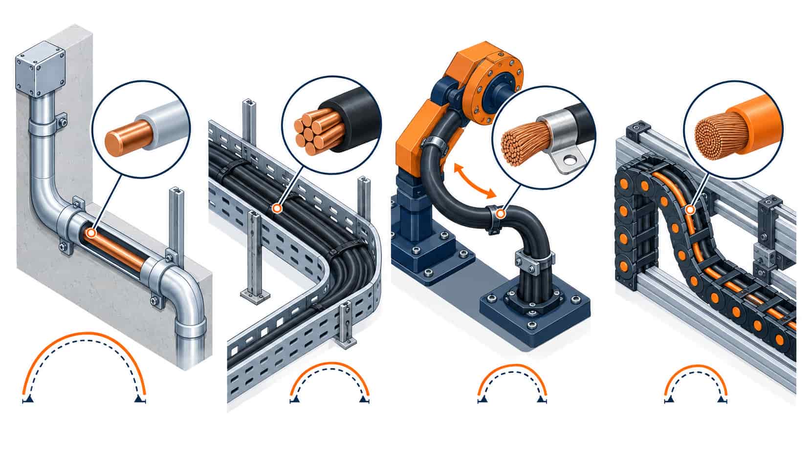Isometric illustration of four conductor class stations from fixed conduit to continuous flex with bend-radius icons