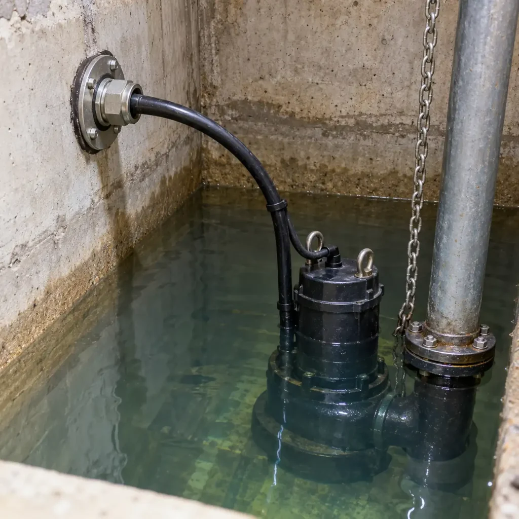A submersible cable dropping into a concrete sump with a sealed gland at the wall entry and a submerged pump below the water line, industrial lighting, no readable text, no labels