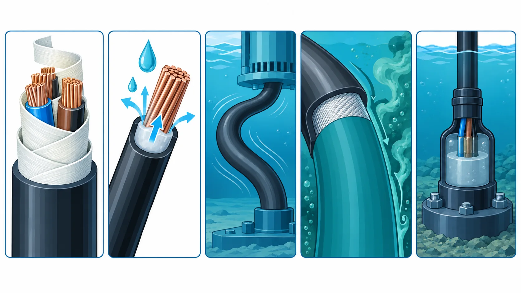 Flat infographic of submersible cable constructions: water blocking in the core, a blocked conductor, a rubber sheath, a barrier oversheath and sealed terminations