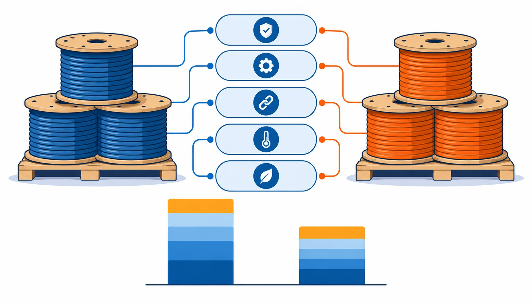 Flat infographic comparing imported and Chinese industrial cable against one shared specification sheet, with two drum sets feeding a single comparison column