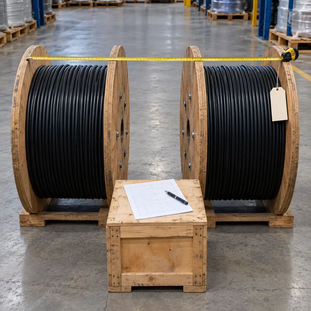 Two matching industrial cable drums side by side on a warehouse floor with a measuring tape and a specification sheet between them, neutral lighting, no readable text, no labels
