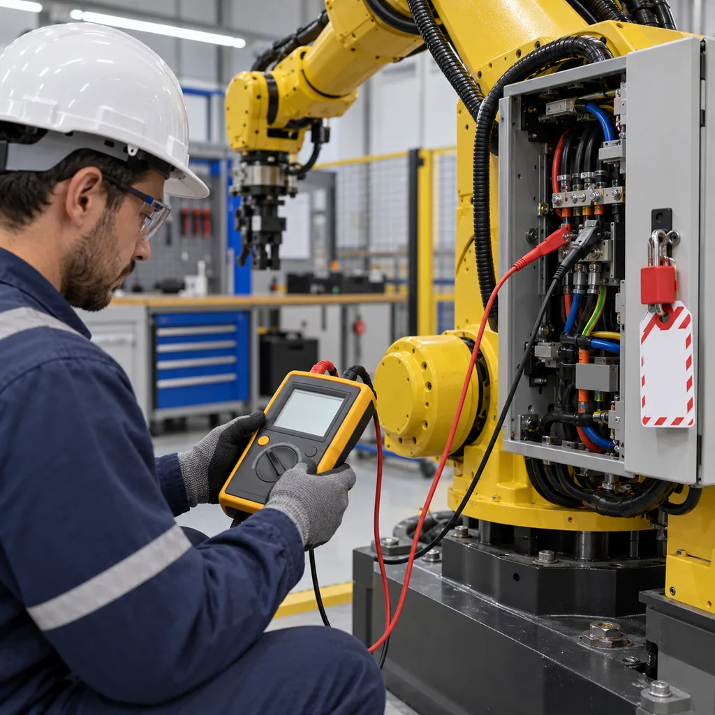 Photorealistic scene: a maintenance technician reading an insulation tester beside a robot with its dress pack panel open, test leads clipped to accessible terminals, lockout tag hanging nearby, clean workshop lighting, no readable text, no labels