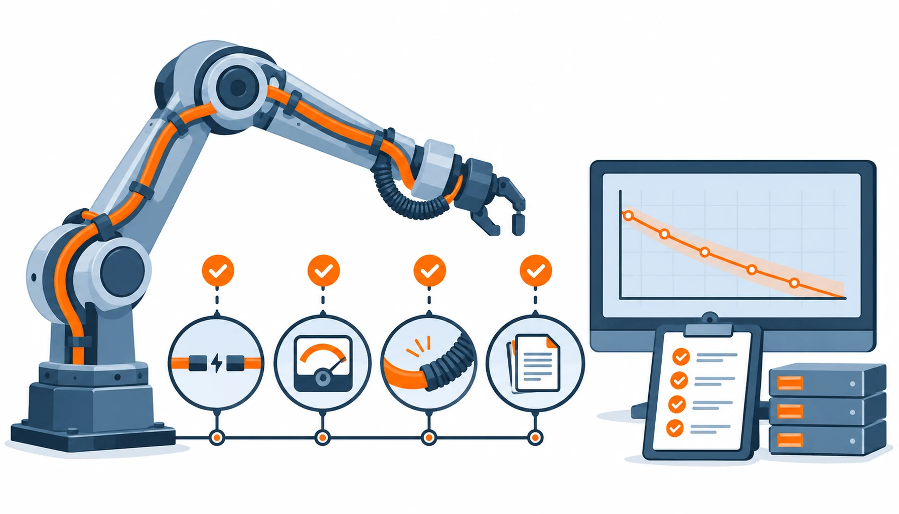 Flat infographic of an in-service cable testing calendar: a robot silhouette with four check nodes, a caliper, an insulation tester and a trend chart symbol beside it