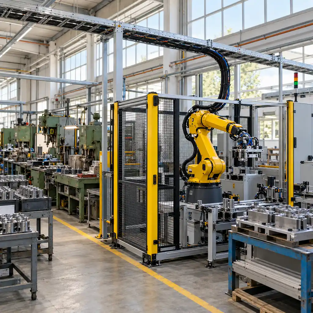 An Indian manufacturing hall with a newly installed robot cell beside an older manual production line, flexible cable routed in a tray above the machine
