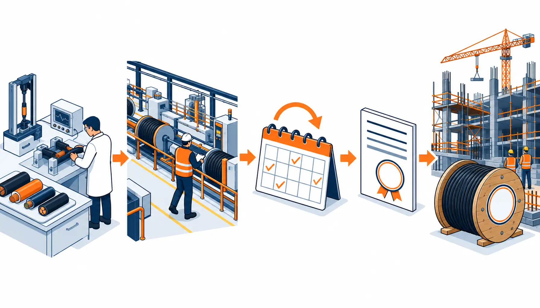 Isometric illustration of the BIS route from type testing through factory audit and surveillance to a marked drum in the Indian market