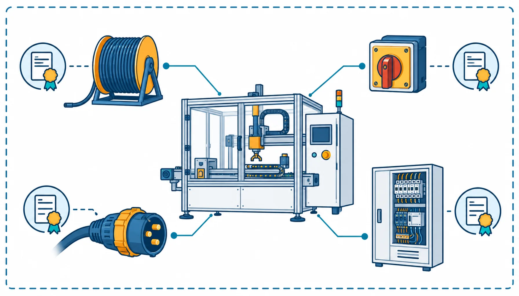 Flat infographic of a compliance map for India with a central machine and four regulated component icons each linked to a licence badge
