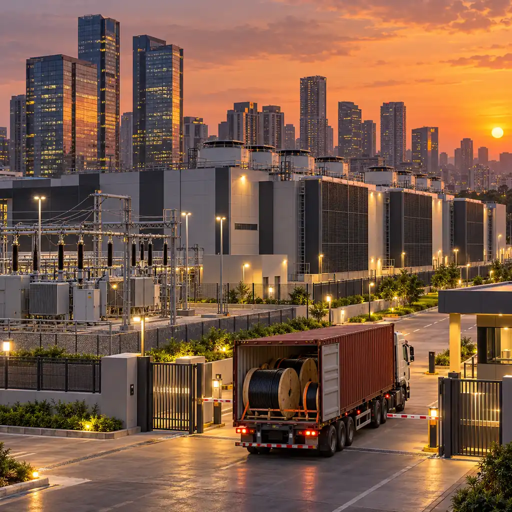 Indian city skyline at dusk with a data center campus and incoming cable shipments
