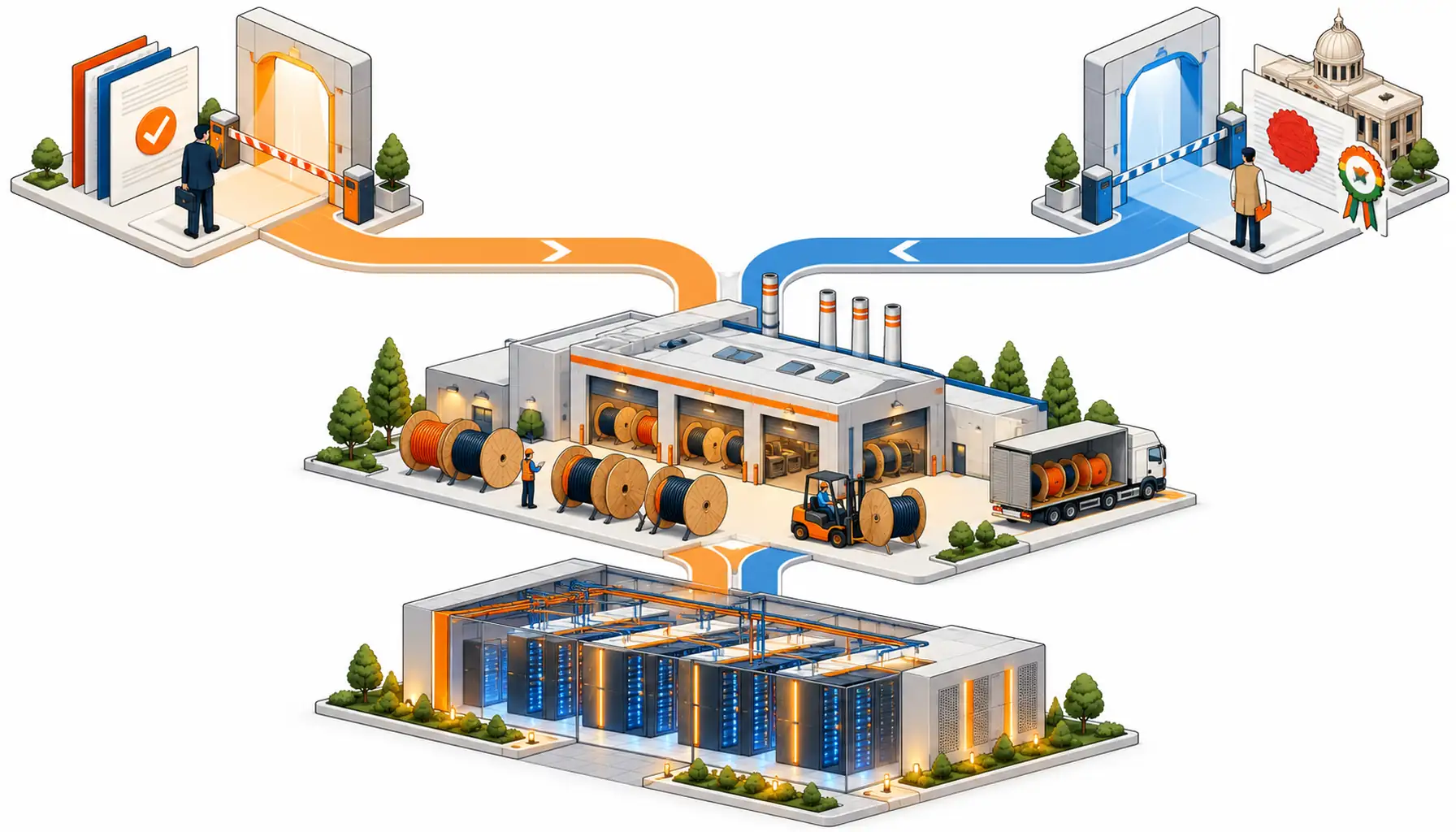Isometric illustration of two procurement gates before one Indian data hall, a consultant gate and a public tender gate