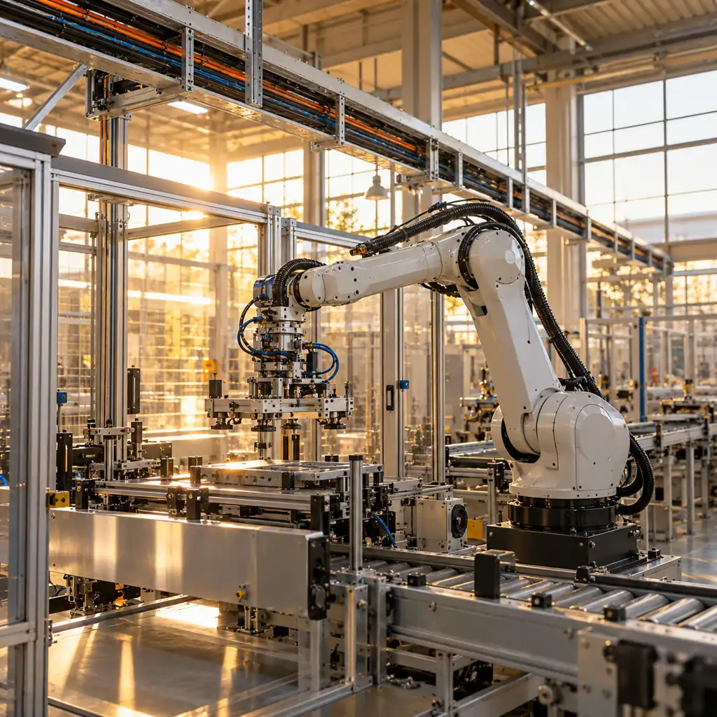 An automated production cell inside an Indian factory hall with a robot arm and cable routed along a covered tray above the machine